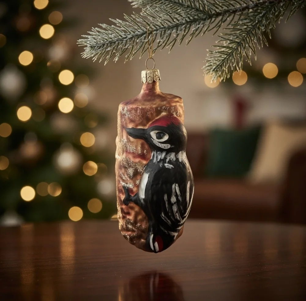 Vintage Glass Woodpecker on Tree Bark Christmas Ornament 2.75x5